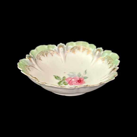 R S PRUSSIA ANTIQUE PORCELAIN ROSES JEWELRY CANDY DISH GOLD GREEN HAND PAINTED - Picture 7 of 15